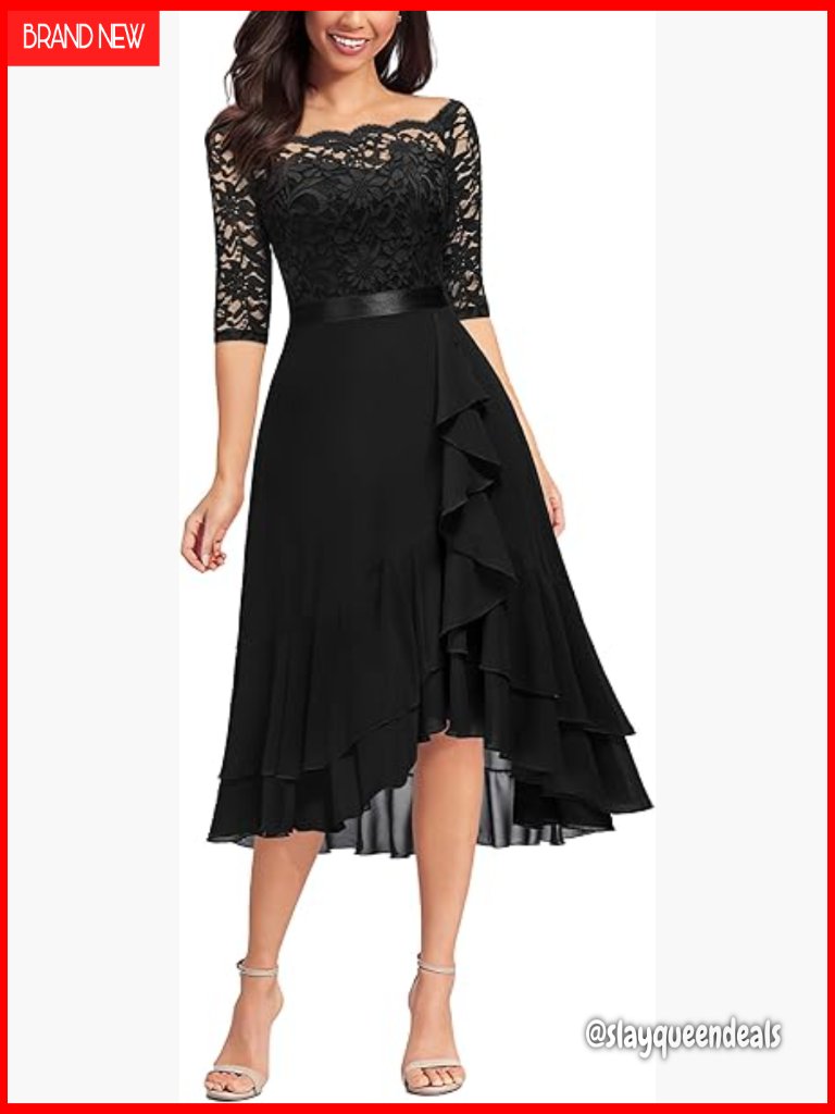 Off Shoulder Floral Ruffle Lace Chiffon Party Dress Knee Length